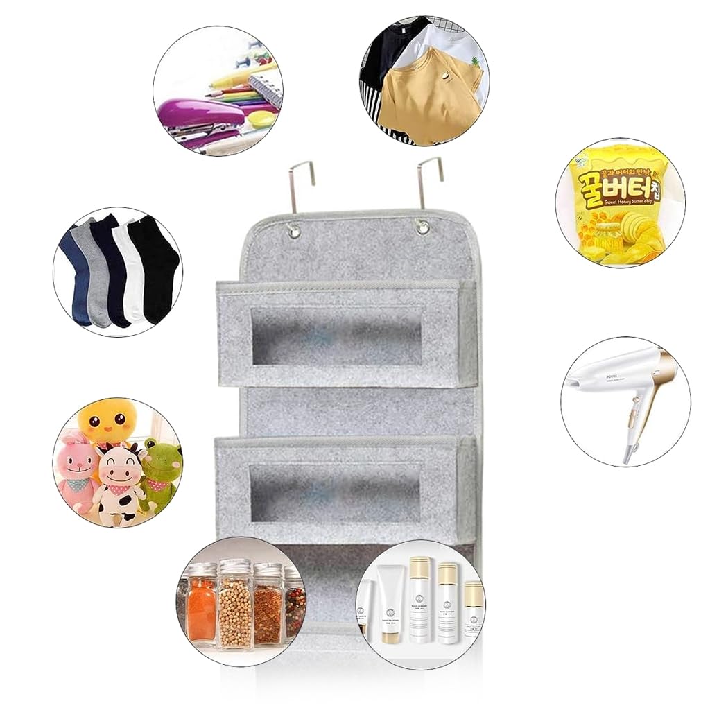 HASTHIP 4-Shelf Over The Door Organizer, Simple Houseware Over Door/Wall Mount 4 Clear Window Pocket Organizer, Grey