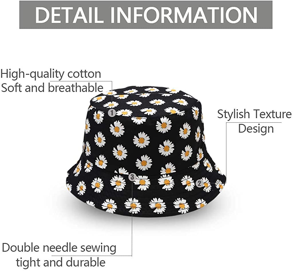 PALAY Bucket Hats for Women Little Daisy Print Cotton Fisherman Beach Hats Foldable Reversible Bucket Outdoor Casual Summer Sun Hat for Ladies Girls Cap (Black)