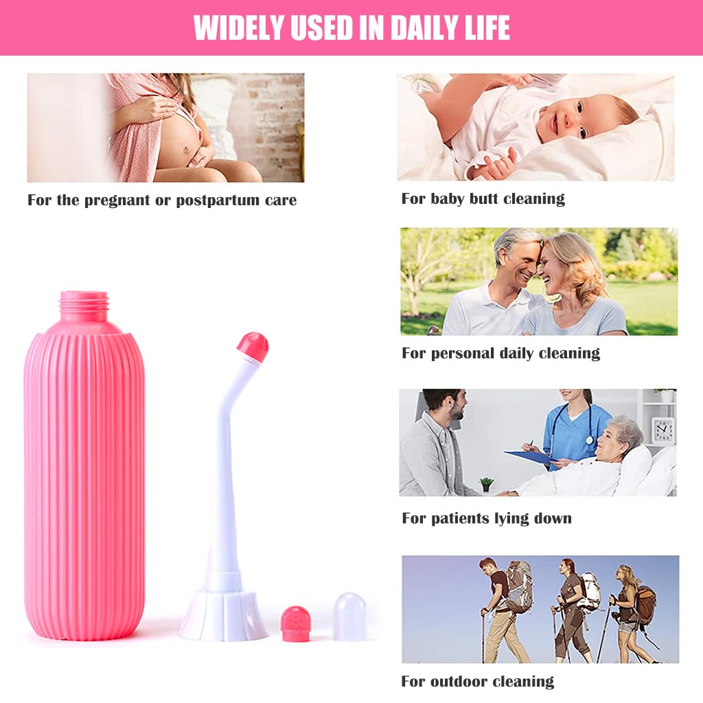 HANNEA 2 set 500ml Portable Jet Sprays with Bag/2 Nozzles for Toilet Retractable Handheld Travel Portable Bidet, Travel Essentials, Toilet Postpartum Perineal Clean Childbirth Cleaner-(Pink+Green)