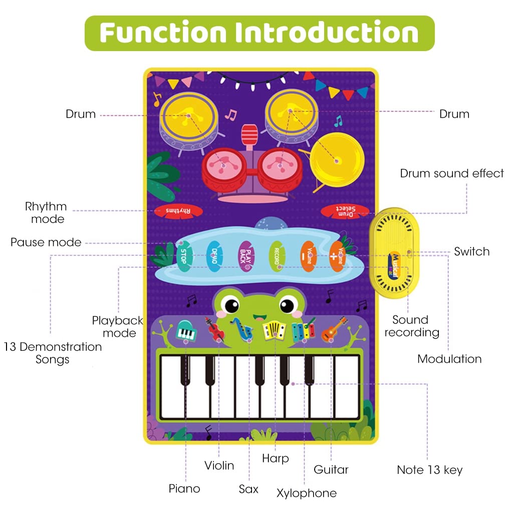 PATPAT Musical Mat for Kids 31.4x19.6 inch 2 in 1 Baby Piano Play Mat & Drum Musical Mat for Kids Musical Toys with 2 Drum Sticks Early Educational Toys Gifts for 1/2/3/4/5/6 Year Old Boys Girls