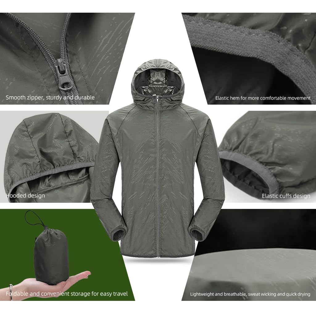 GUSTAVE Men Waterproof Jacket Summer UV Protection Jacket Ultra Light Outdoor Hoodie Jacket Camping Rainproof Sun UV Protection Jacket Quick Dry Long Sleeve Jacket for Camping, Hiking, 3XL