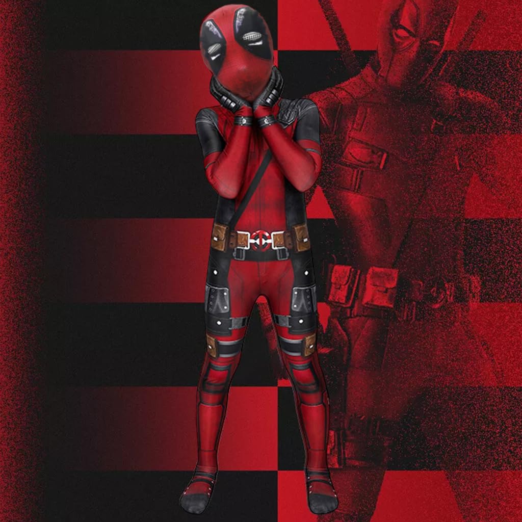 FANCYKU Kids Deadpool Costume Suit, Roleplay Costume Bodysuit with Deadpool Mask, Halloween Cosplay Costume for Boys, 3D Digital Print Jumpsuit Outfit for Boys Girls Christmas Gift (Size 120cm)