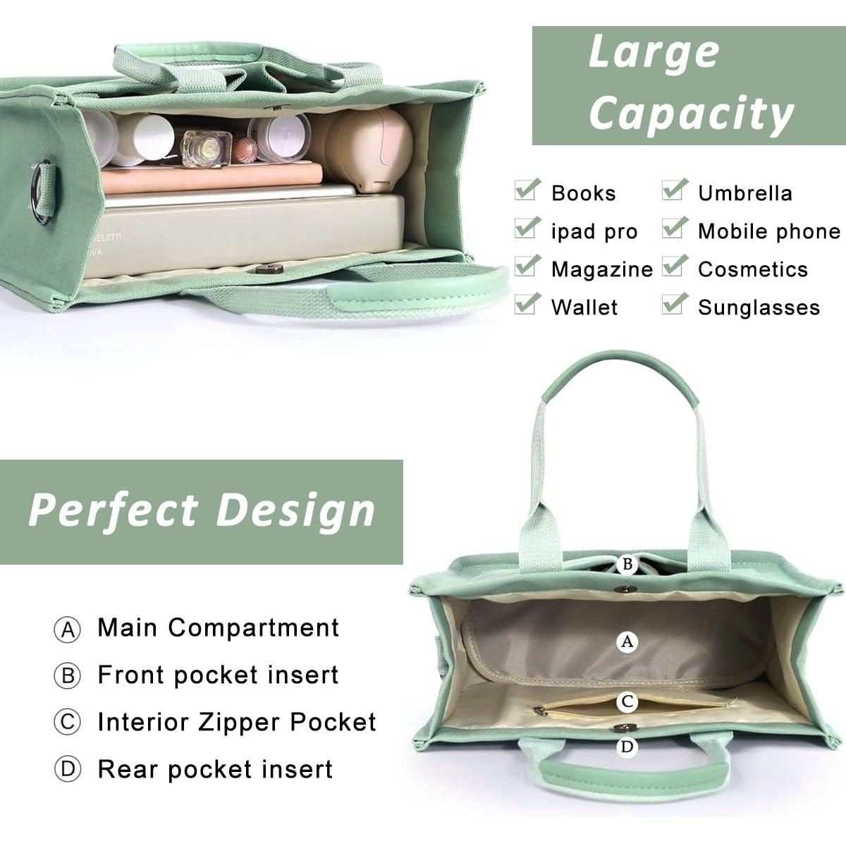 PALAY Casual Tote Bag for Women Multi Pockets Canvas Hand Bag with Removable Shoulder Strap Crossbody Tote Bag Chic Mint Green Canvas Day Bag Tote Bag for Commuting