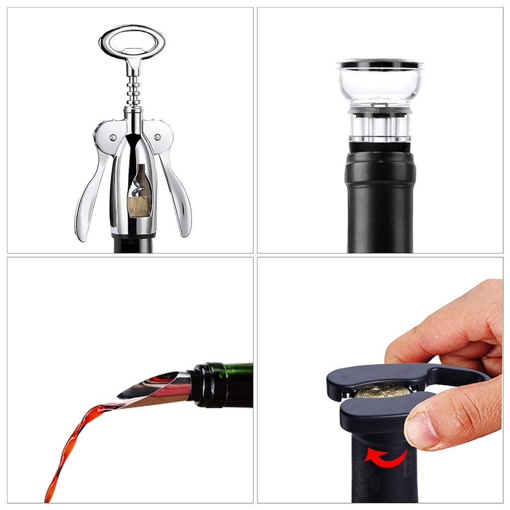HASTHIP 4 PCS Wine Opener Stainless Steel Corkscrew Set with Vacuum Wine Stopper, Wine Foil Cutter, Wine Aaerator Pourer Wine Corkscrew Supplies Set for Kitchen Restaurant Bars Gifts for Wine Lover