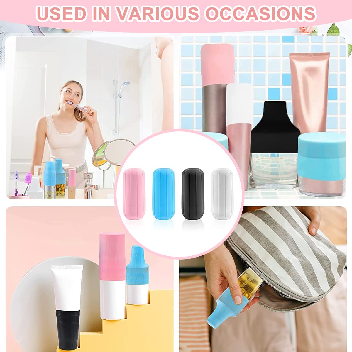 MAYCREATE 4 Pack Leakproof Sleeves for Travel Bottles for Toiletries, Multicolor Reusable Silicone Leak Proofing Elastic Sleeves Covers for Travel Container Spray Bottles