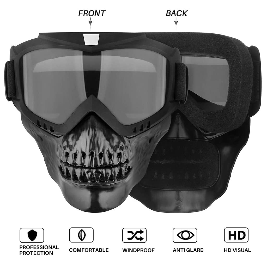 Proberos protective Goggles for Men Women with Detachable Mask, UV Protection Goggles for Motorcycle Bike, Skull Style Full Cover Goggles Helmet Goggles for Dirt Bike off road skiing (Black)