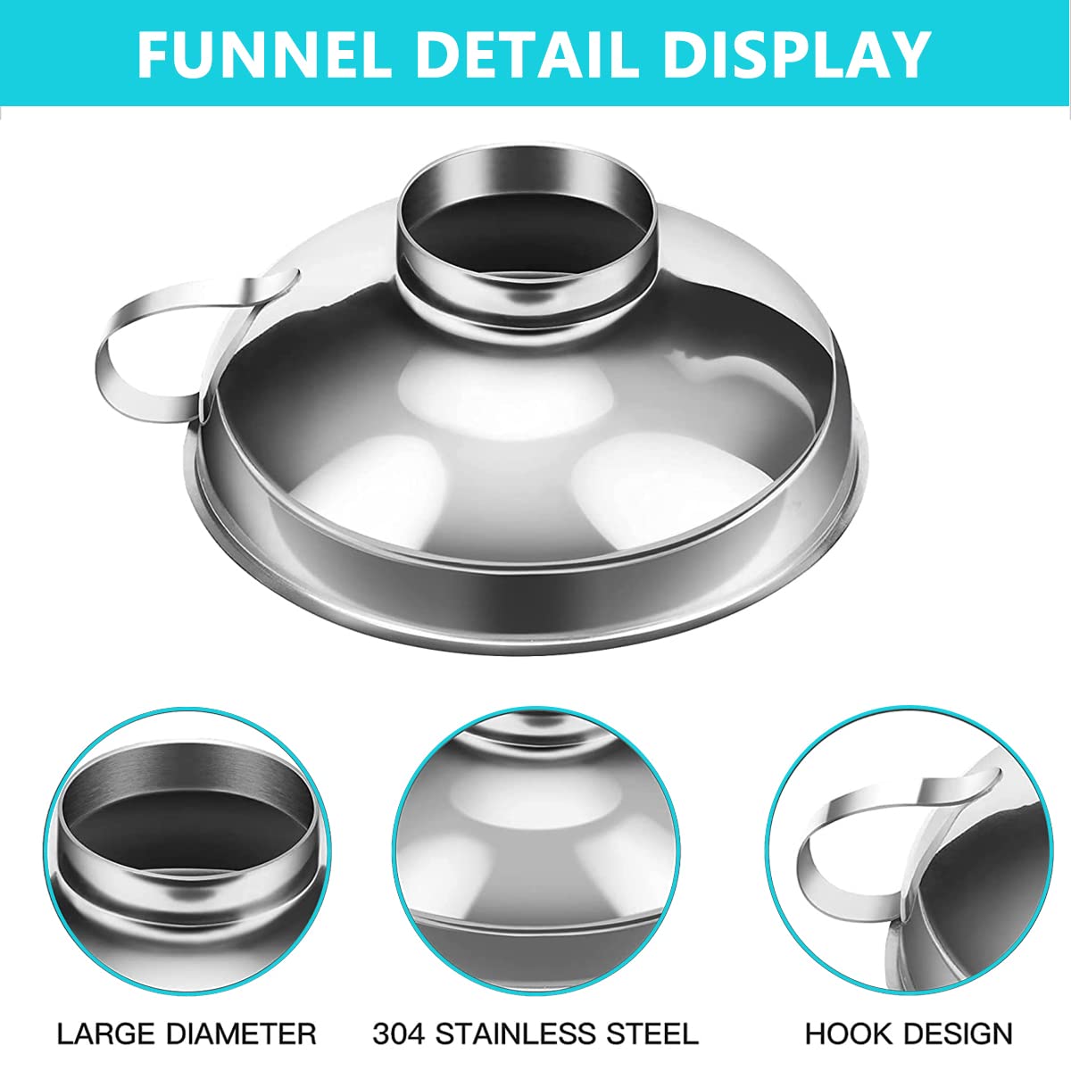 HASTHIP Canning Funnel for Kitchen Use with Handle, Multipurpose 304 Stainless Steel Funnel, Wide Mouth Funnel for Mason Jars, Funnel for Oil Dispenser, Small Canning Funnels (4.3X1.4inch)