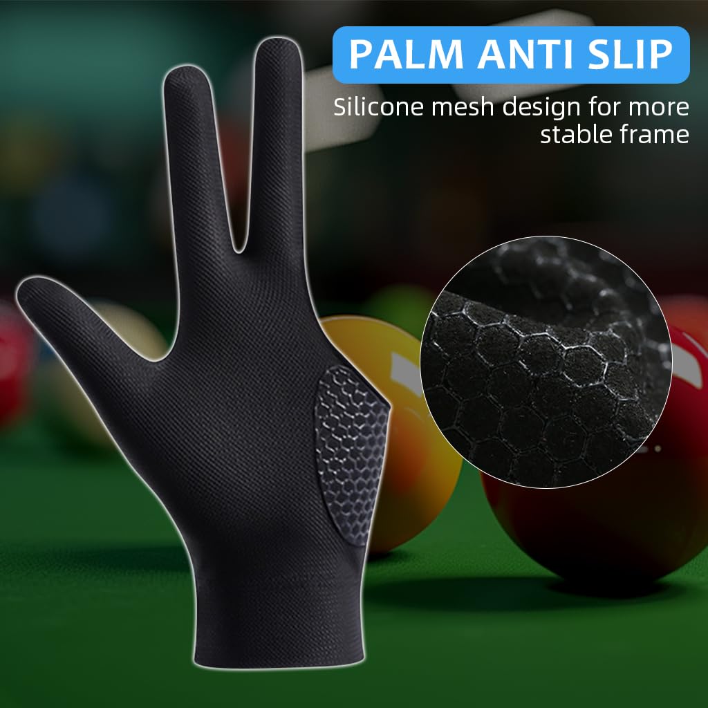 Proberos 1Pcs Billiard Glove Left Hand Full Finger Billiard 3-Finger Glove Single Hand Professional Snooker Glove Breathable Snooker Glove Anti-Slip Patch Design Unisex Billiard Glove