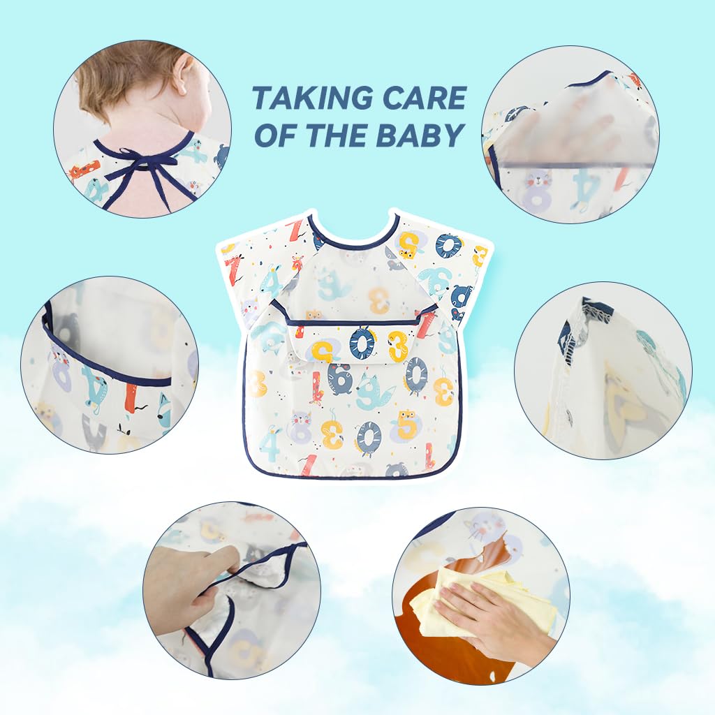SNOWIE SOFT Sleeveless Baby Bib with Pocket Summer Toddler Bib Washable and Lightweight Waterproof EVA Baby Bib Tie Back Cartoon Print Toddler Bibs for Baby 6-24 Months