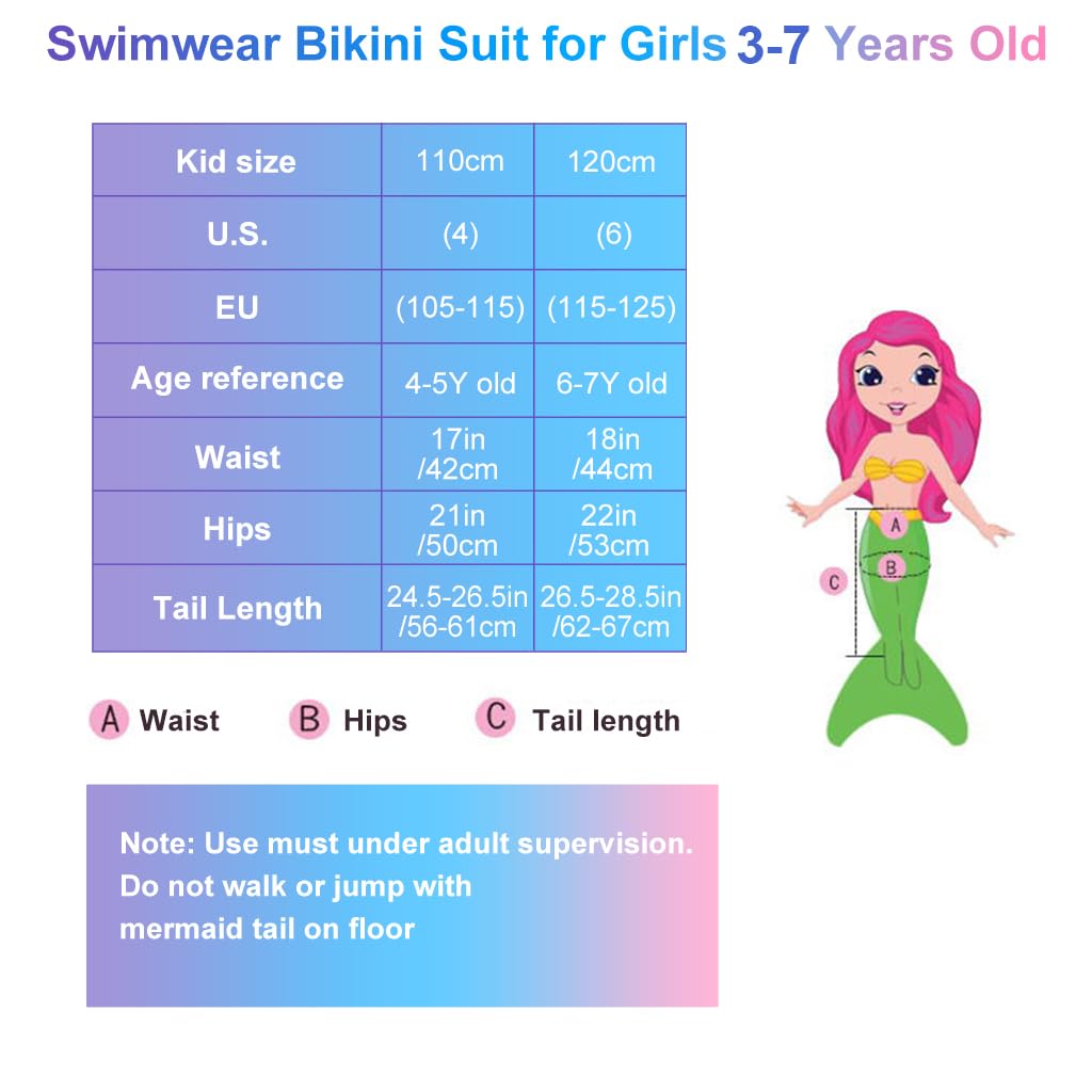 PALAY Mermaid Tail Swimming Suit 3Pcs Set, Cute Swimsuit for Girls Mermaid Princess Swimwear Costume Bathing Bikini Suit for Girls 4-7 Years Old (4-5 Years)