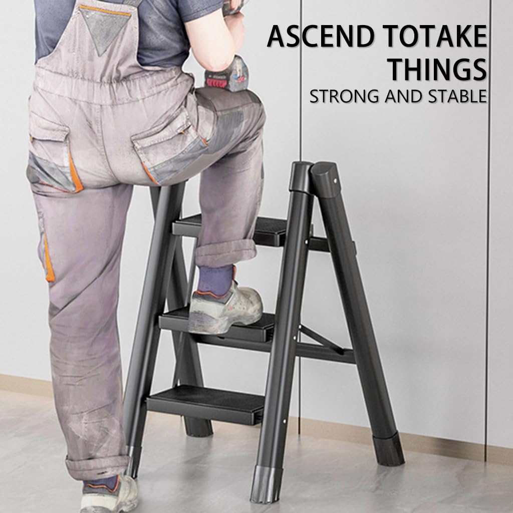 HASTHIP 3 Step Ladder Carbon Steel Foldable Ladder 330lbs Load Capacity 3 Step Ladder for Home, Step Ladder for Home Use, Folding Step Stool with Anti-Slip Pedal, Plant Pot Ladder Holder