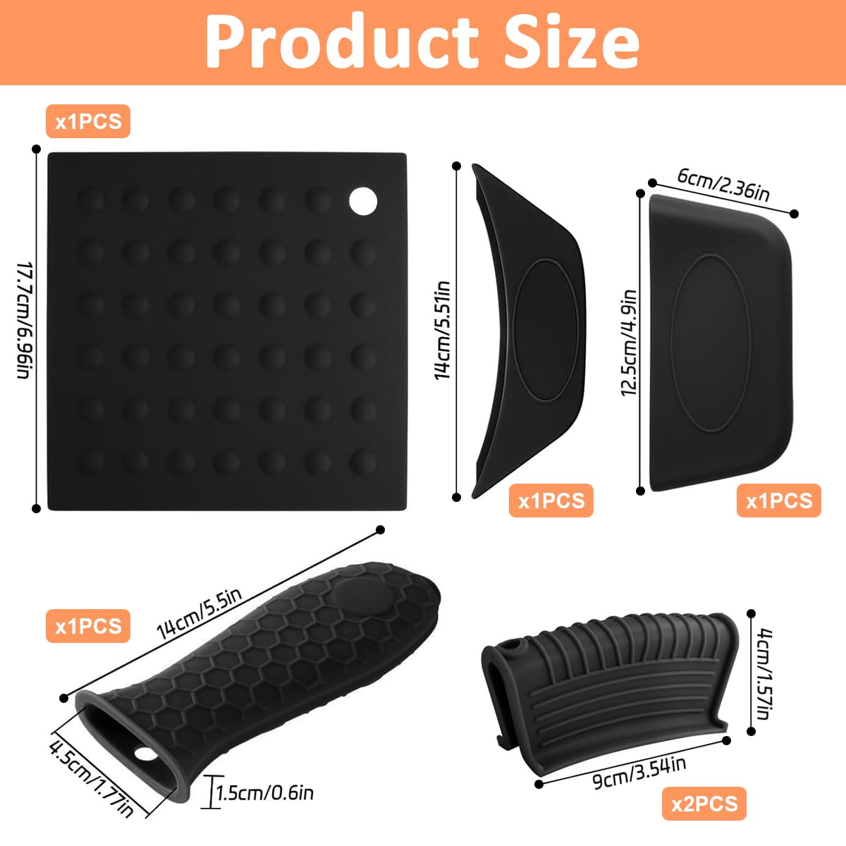 Supvox Cast Iron Fry Pan Silicone Pan Handle Covers - 6Pcs Cookware Heat Insulation Covers Set with Anti-Slip Handle Sleeve and Square Protector Mat for Pots, Pans, Stewing Pots, and Soup Bowls