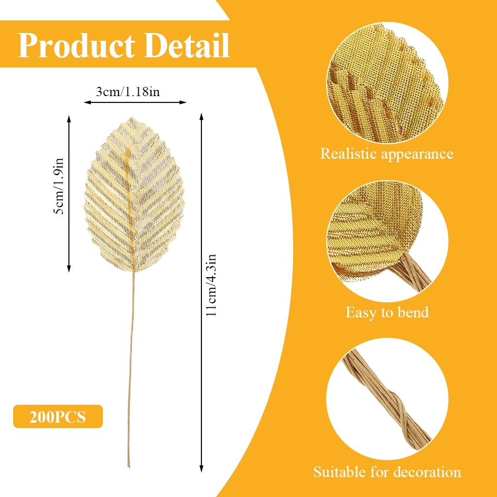 HASTHIP 200Pcs Golden Leaves for Decoration 1.96 inches Fabric Golden Leaves with Flexible Stem, Embossed Golden Leaves Craft Decorative Golden Leaves for DIY Handcrafts, Scrapbooking, Album Decor