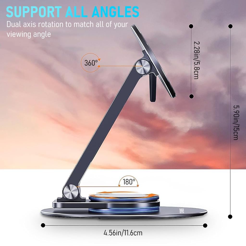 ZORBES Magnetic Desk Phone Stand for iPhone 14 13 12 Series, Aluminum Phone Holder with 360°Rotation Base, Adjustable Foldable Mobile Stand Compatible with iPhone 14 13 12 Pro Max Mini, Mag Safe Case