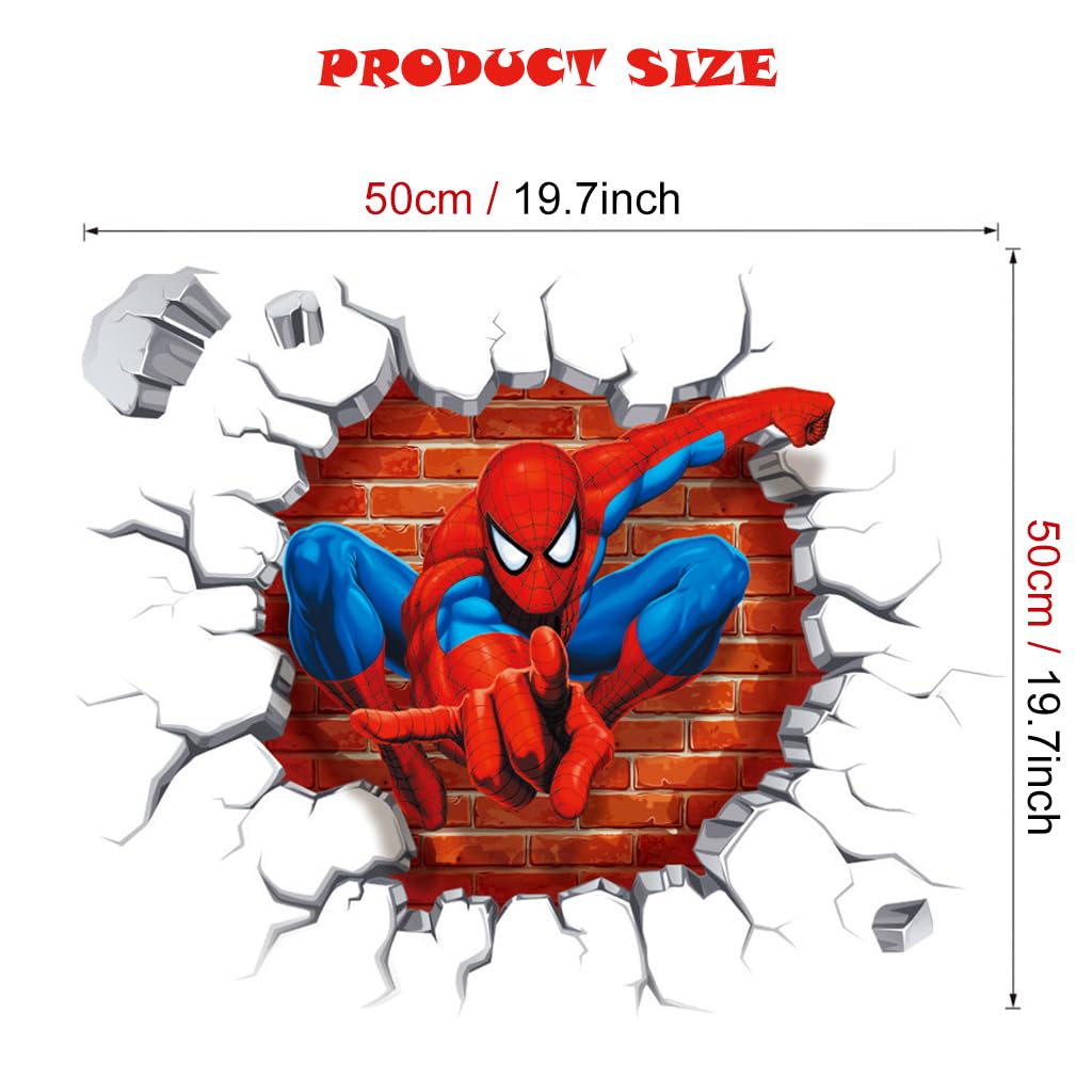 HASTHIP 1 Sheet 3D Wall Paper Sticker Superhero Spiderman 3D Wall Paper Self Adhesive PVC Wall Paper Removable Cartoon 3D Wall Paper for Kids Room, Bed Room, Living Room, 19.6 x19.6 inches