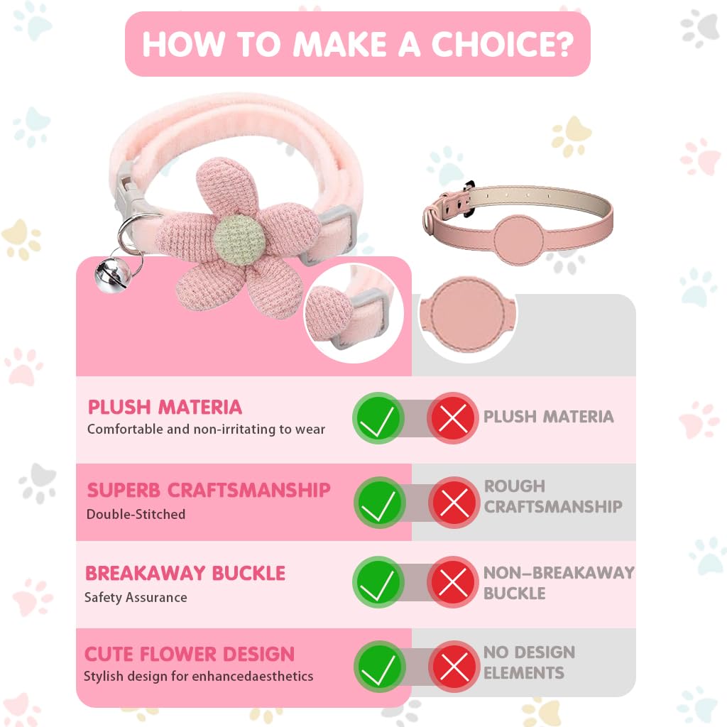 Qpets Cat Collar Pet Collar Cute Pink Flower Cat Collar with Bell, Lovely Cat Collar Quick Release Adjustable Cat Collar Soft Plush Collar Cat Gift Cat Collar