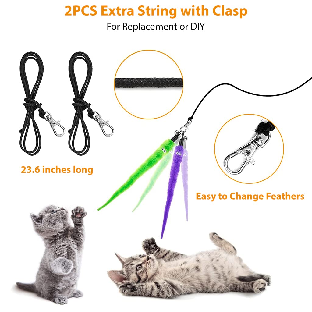Qpets Cat Teaser Toy, Feather Toy for cat 11 Pcs Cat Toy Set with 2 Retractable Teaser Wand & 5 Feather Teaser Toy & 4 Worm Teaser, Interactive Cat Toys for Kitten to Play Chase Activity Exercise