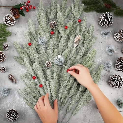 HASTHIP® 60PCS Christmas Tree Ornaments 10.24inches Snow Dusted Pine Branches Green Flocked Needle Multi Purpose Decorative for Garland Wreath Home Garden Décor