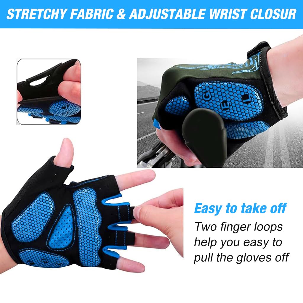 Proberos Cycling Gloves with Cushion Gel Palm Pads Breathable Fingerless Anti-numbness Cycling Gloves Fashion Print Fingerless Gym Gloves for Cycling/Weight Lifting/Motorcycling, XXL, Blue
