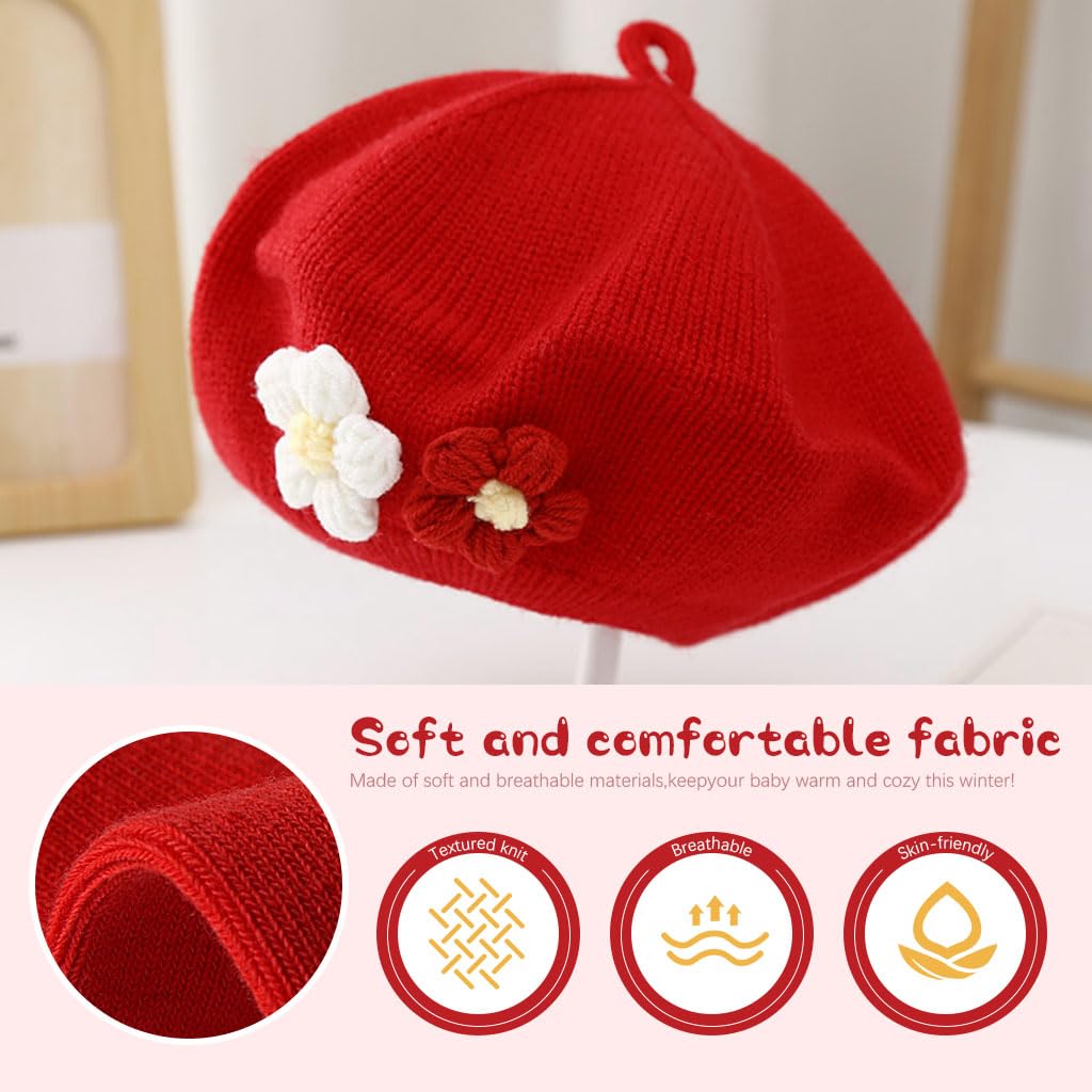 SNOWIE SOFT Girls Winter Hat Little Red Beret Hat Knitting Flower Winter Hat for Little Girls Winter Soft Warm Winter Hat Cute Girls Baby Girls Hat Christmas Gift for 6-30 Months Baby Girls