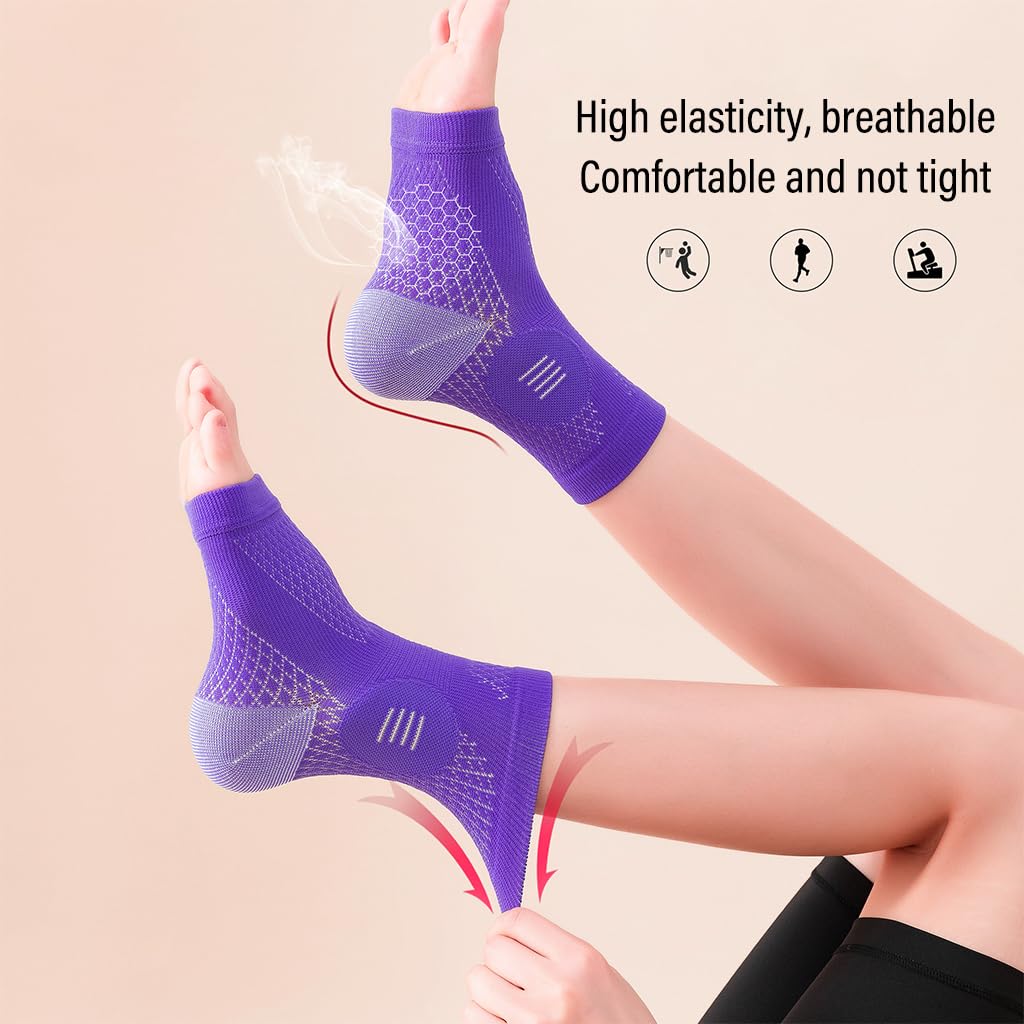 HANNEA 1Pair Ankle Compression Sleeve, Compression Socks for Plantar Fasciitis, Achilles Tendonitis Relief, Open-Toe Foot Sleeves for Men and Women for Foot Swelling, Fatigue & Sprain, L(Purple)