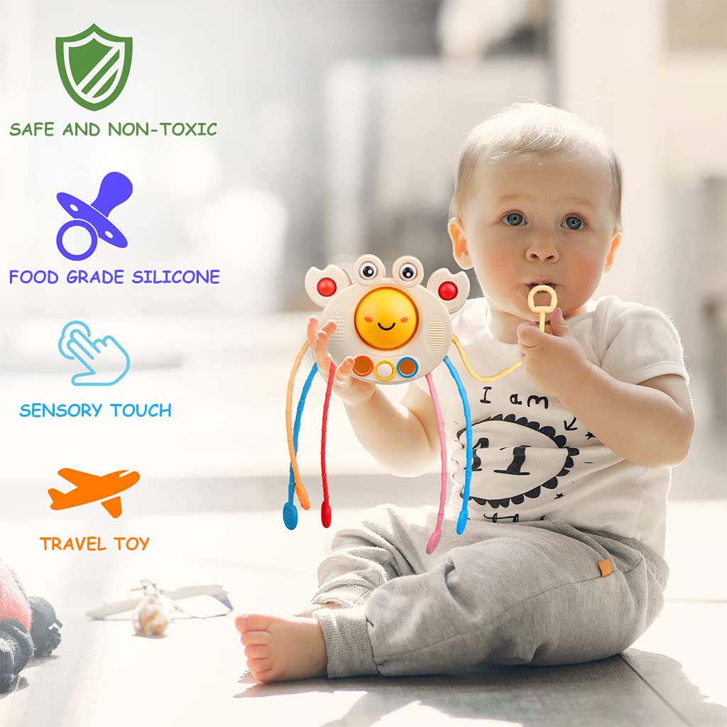 PATPAT Sensory Toys for Kids, Montessori Toys for Baby Sensory Development Cartoon Crab Silicone Activity Toys for Toddler Pull String Interactive Toy Early Educational Toys Gifts for Newborns