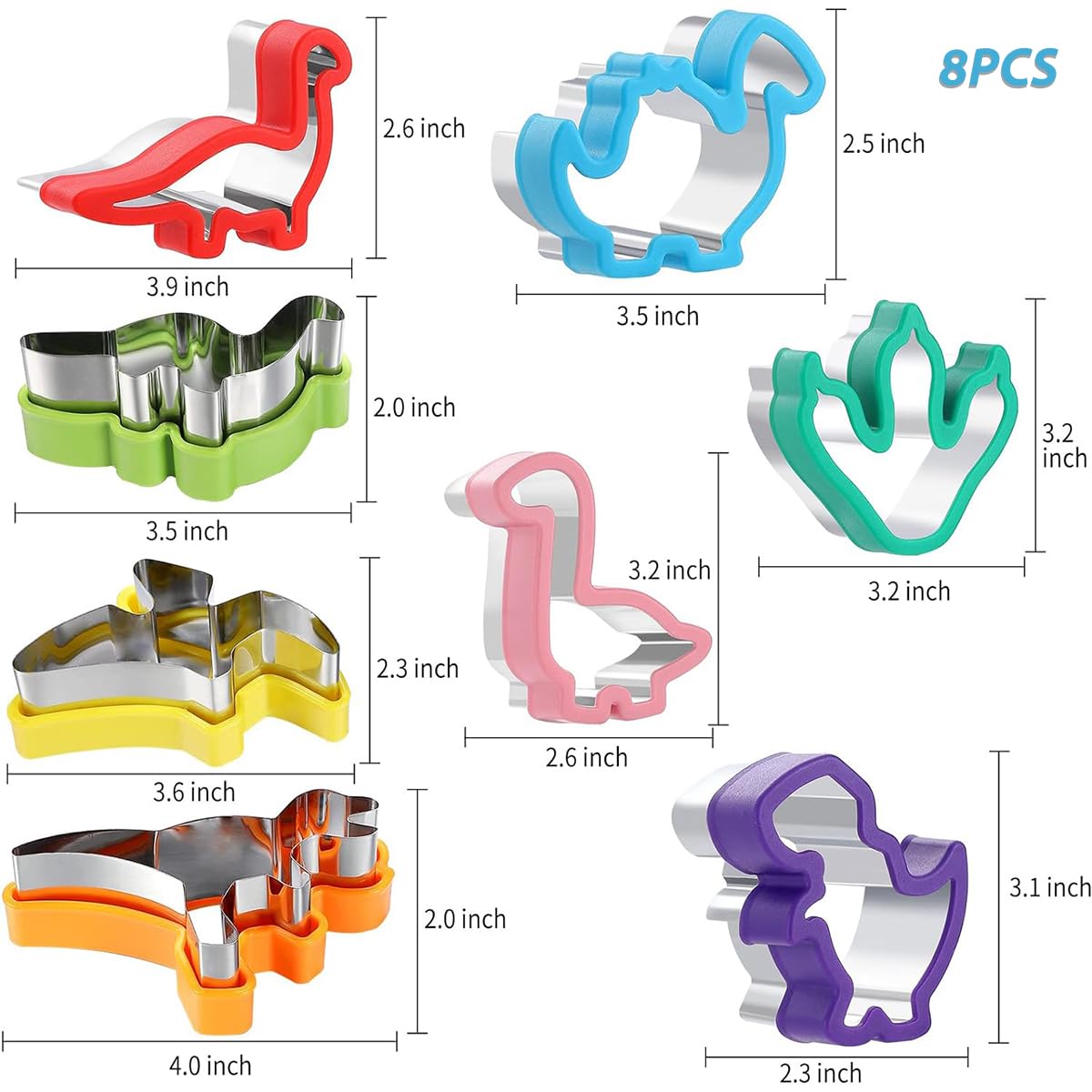 HASTHIP 8Pcs Dinosaur Cookie Cutters Set Stainless Steel Cookie Cutter Mold Fruit Slice Mold Cake Molds for DIY, Kitchen, Baking, Kids Dinosaur Theme Birthday Party Supplies Favors