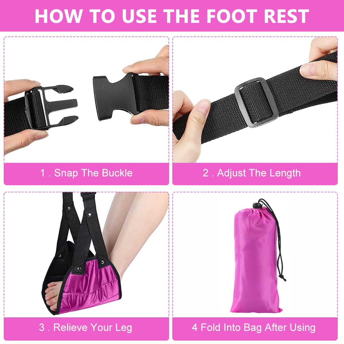 HASTHIP Airplane Footrest Hanging Travel Foot Rest with Storage Bag, Airplane Travel Accessories, Foot Hammock Portable Plane Leg Rest, Provides Relaxation and Comfortable for Long Flight (Pink)