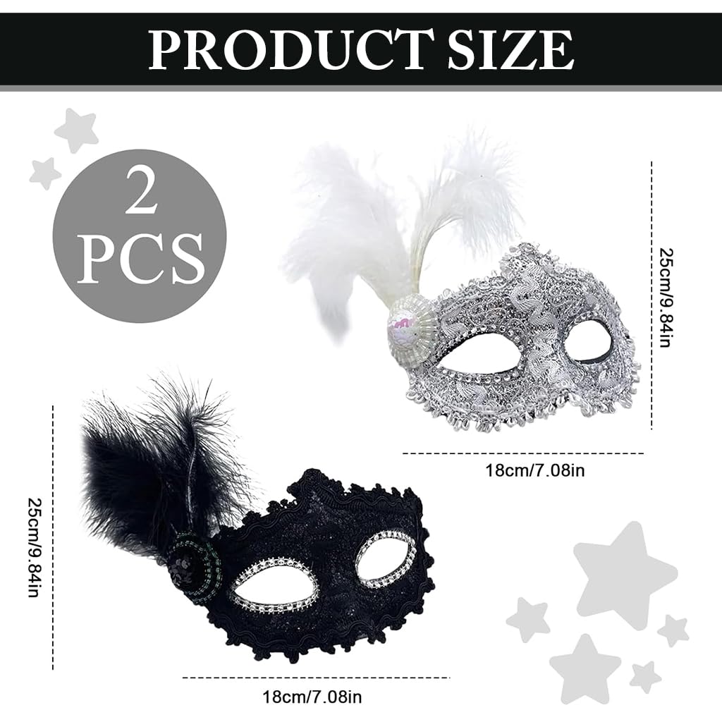PATPAT 2 Pcs Masquerade Mask for Women Elegant Feather Venetian Mask Ball Party Dressing Up Tie-Back Masquerade Mask Carnival Makeup Mask Costume Eye Mask, Black and White