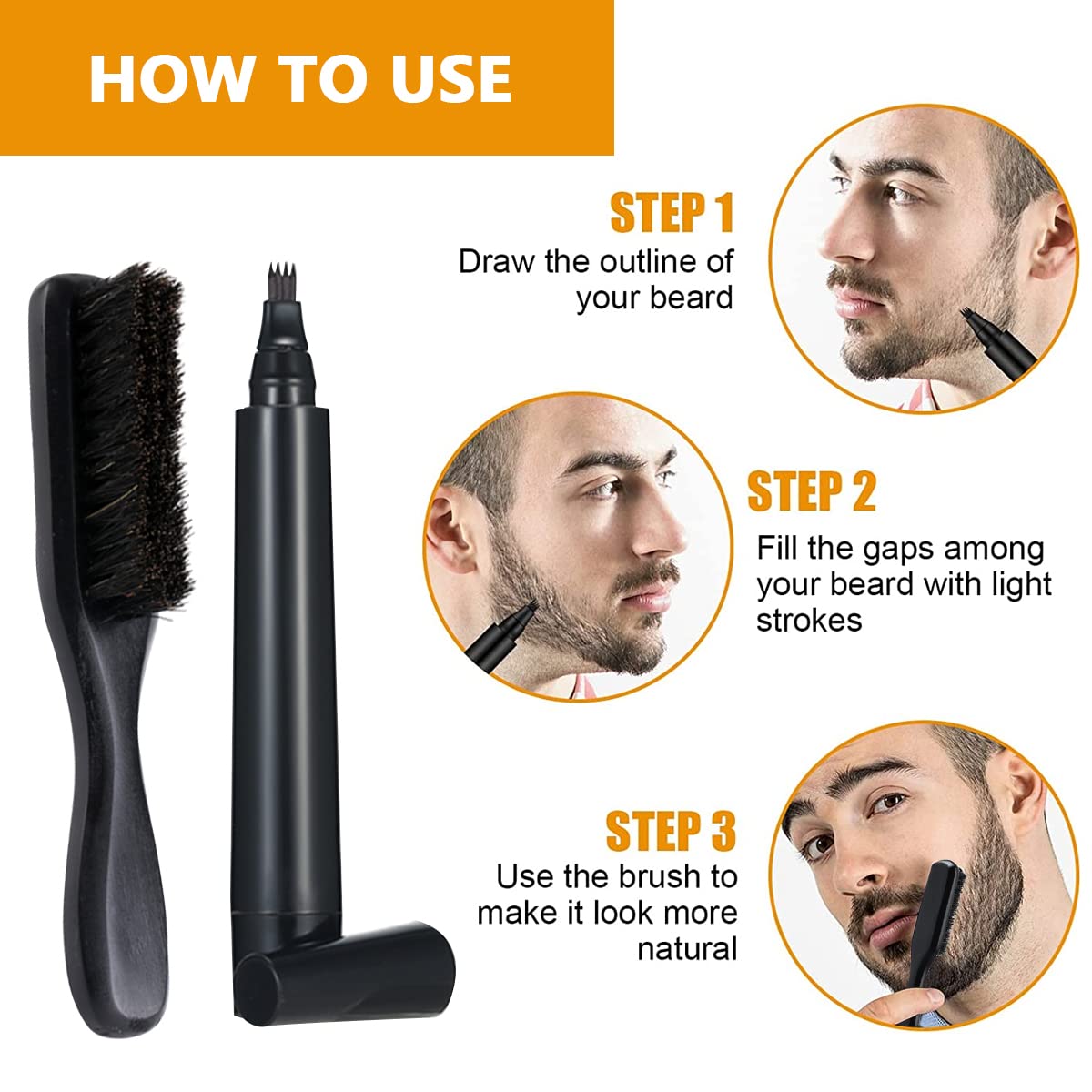 MAYCREATE Beard Pencil Filler for Men Beard Filler with Bristle Beard Brush Natural Mustache and Eyebrow Enhancer to Fill, with Wooden Handle, Promotes Beard Growth