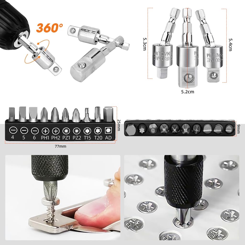 Serplex Flexible Drill Bit Extension Set with 105° Right Angle Attachment, Rotatable Joint Socket 3PCS (1/4, 3/8, 1/2 In Hex Adapter) & Bendable Screwdriver Bit for Home DIY and Professional Use