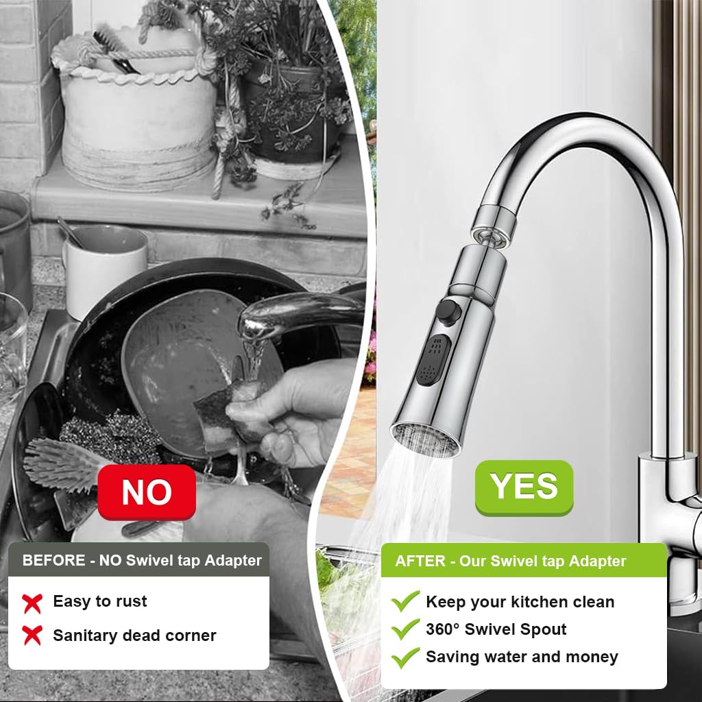 HASTHIP 360° Swivel Tap Extender for Kitchen Sink, Kitchen Tap Extension with 3 Flow Modes Tap Faucet, Kitchen Sink Tap Wash Basin Taps Water Saving Splash Proof Faucet Replacement Faucet Tap Adapter