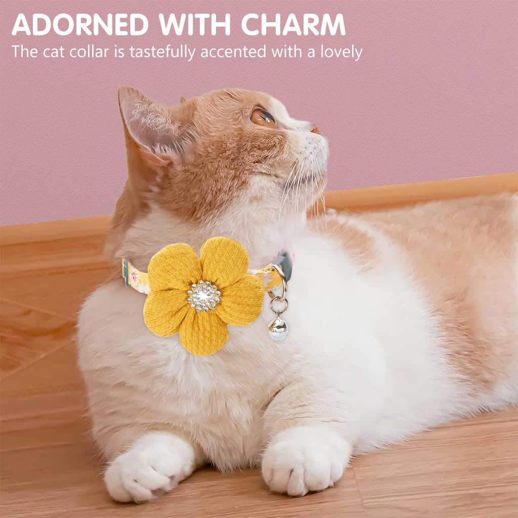Qpets Yellow Cat Collar, Flower Cat Collar with Handcrafted Crochet - Quick Release Buckle, Plush for Comfort, Silver Bell Accessory