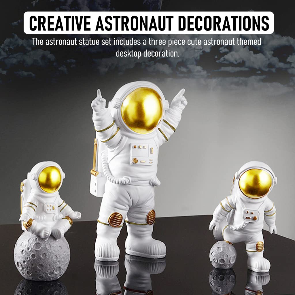 HASTHIP 3PCS Astronauts Figures Statues Decor, Ornaments Resin Outer Space Themed Decor, Spaceman Planet Sculpture for Desktop & Tabletop Decor, Gift for Space Lovers, Gold