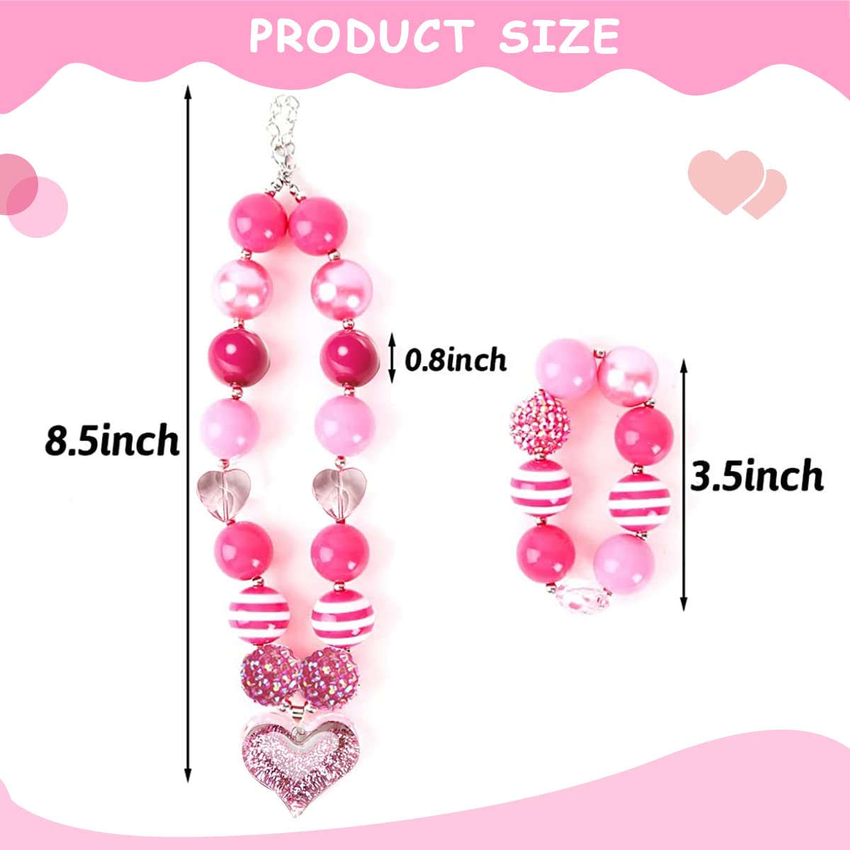 SANNIDHI 2 Pcs Set Necklace Bracelet for Girls, Lovely Stretchy Bead Bracelet Heart Charm Necklace for Girls Toddlers Kids Princess Dress Up Jewelry Gift Party Favor