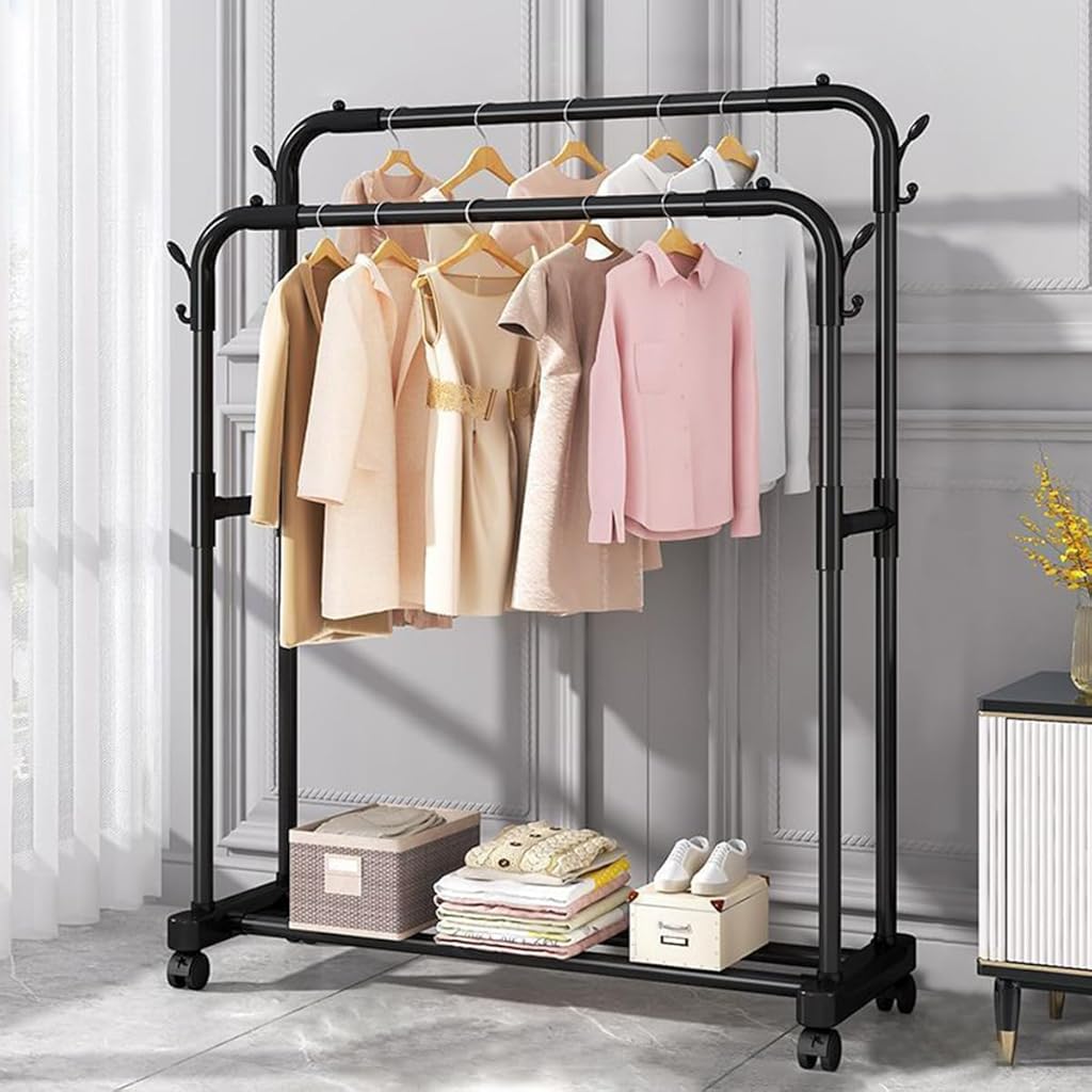 HASTHIP Garment Organizer Rack Moving Floor Clothes Rack Garment Rack with Wheel Double Layer Metal Clothes Organizer Rack with Utiliy Shoe Rack Multi Purpose Open Garment Organizer Rack
