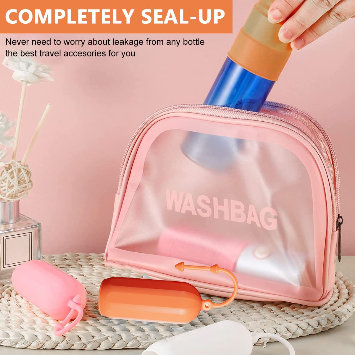MAYCREATE 8Pcs Elastic Sleeves for Leak Proofing Travel Bottle Covers for Toiletries, Reusable Silicone Travel Container Sleeves with Pull Handle for Shampoo Lotion Leakproof Luggage Accessories