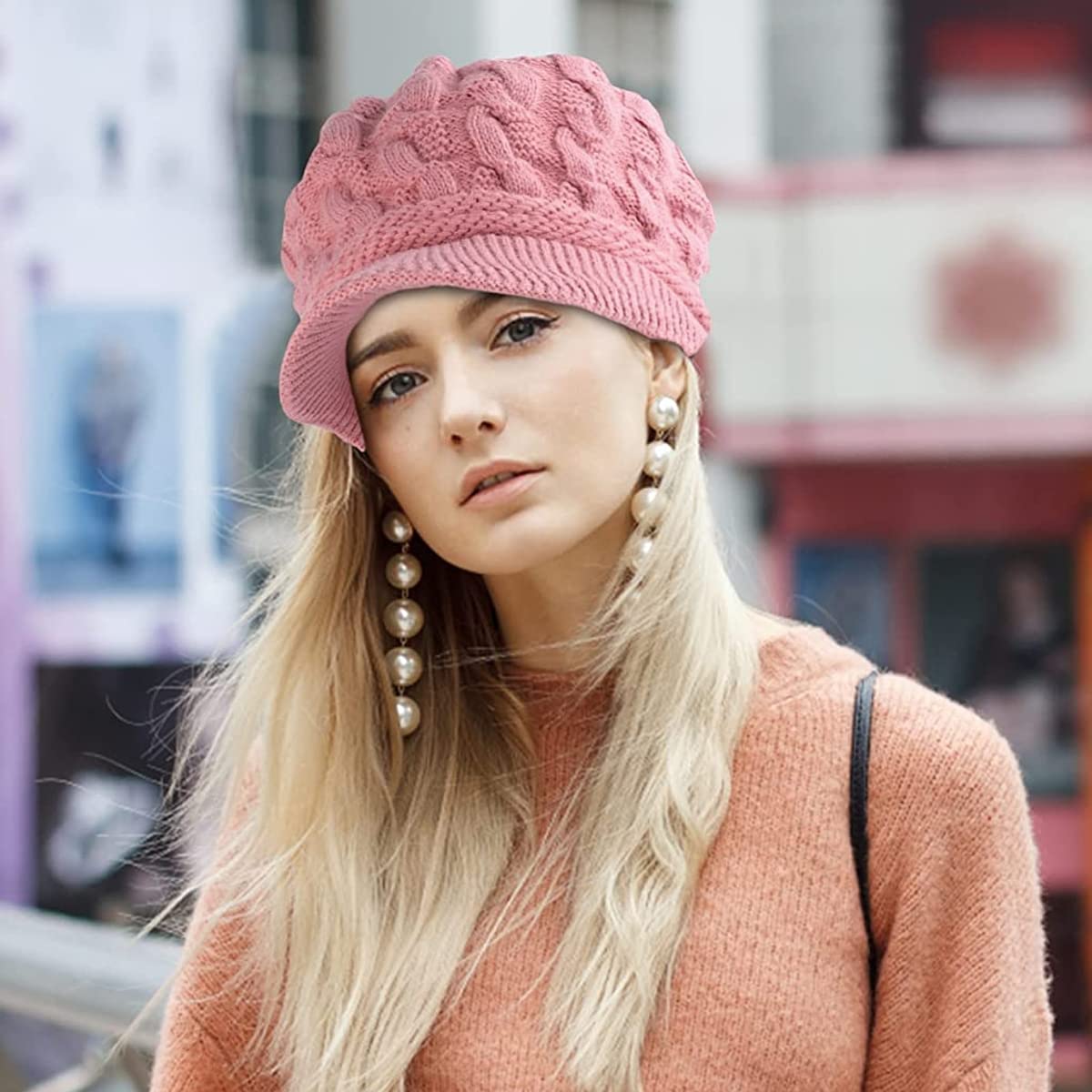 PALAY Winter Cap for Women Stylish Knitted Beret Cap Fleece Lined Wide Brim Beret for Women Warm Hat for Girl Ladies Pink