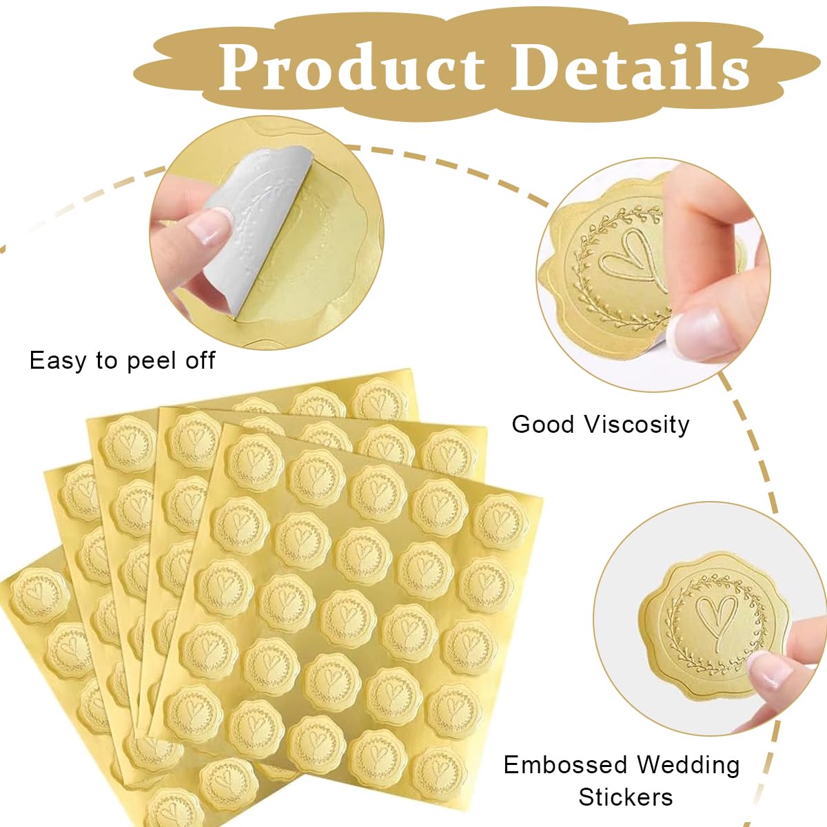 Climberty 250pcs Wax Seal Stickers, Self-Adhesive Gold Embossed Wax Seal Sealing Stickers, Heart Envelope Seals for Wedding Invitations/Greeting Cards/Party Favors, 3.4 x 3.7cm per one