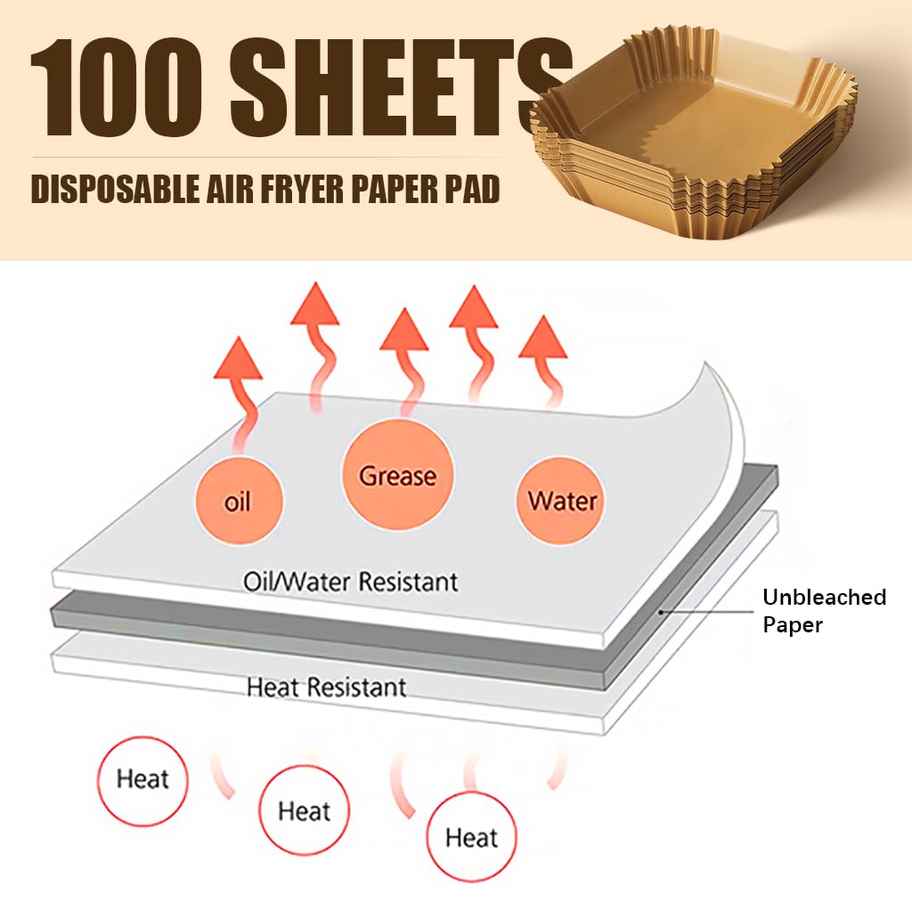 HASTHIP 100Pcs Disposable Air Fryer Paper Sheets, 6.3 Inch Square Air Fryer Parchment Paper, Non-Stick Air Fryer Paper Pads Baking Paper for Baking Roasting Microwave Frying Pan, Steamer, Airfryer