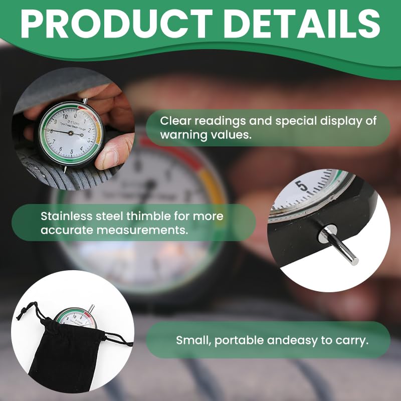 STHIRA® Tyre Tread Depth Gauge, 0-11mm Round Tyre Pressure Dial Gauge UK in MM Measuring Rod with Pouch
