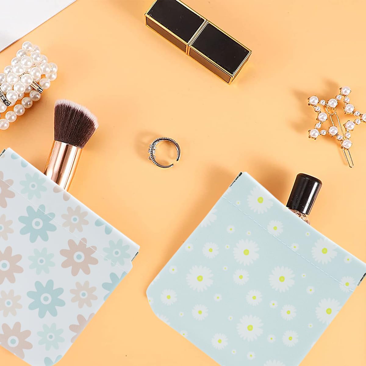 MAYCREATE 3 Pack Small Cosmetic Bag, Floral Print PU Leather Makeup Pouch Travel Organizer for Cosmetics, Accessories, Mini No Zipper Self-Closing Makeup Bag