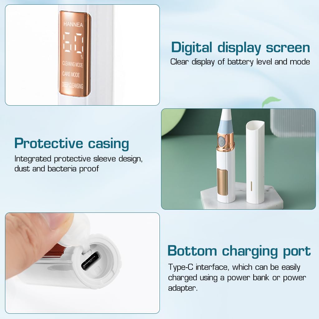 HANNEA USB Electric Toothbrush Digital Display Ultra-sonic Electric Toothbrush with 3 Modes, with 5 Soft Bristles Brush Heads, Travel Electric Toothbrush with Stand Base & Cap