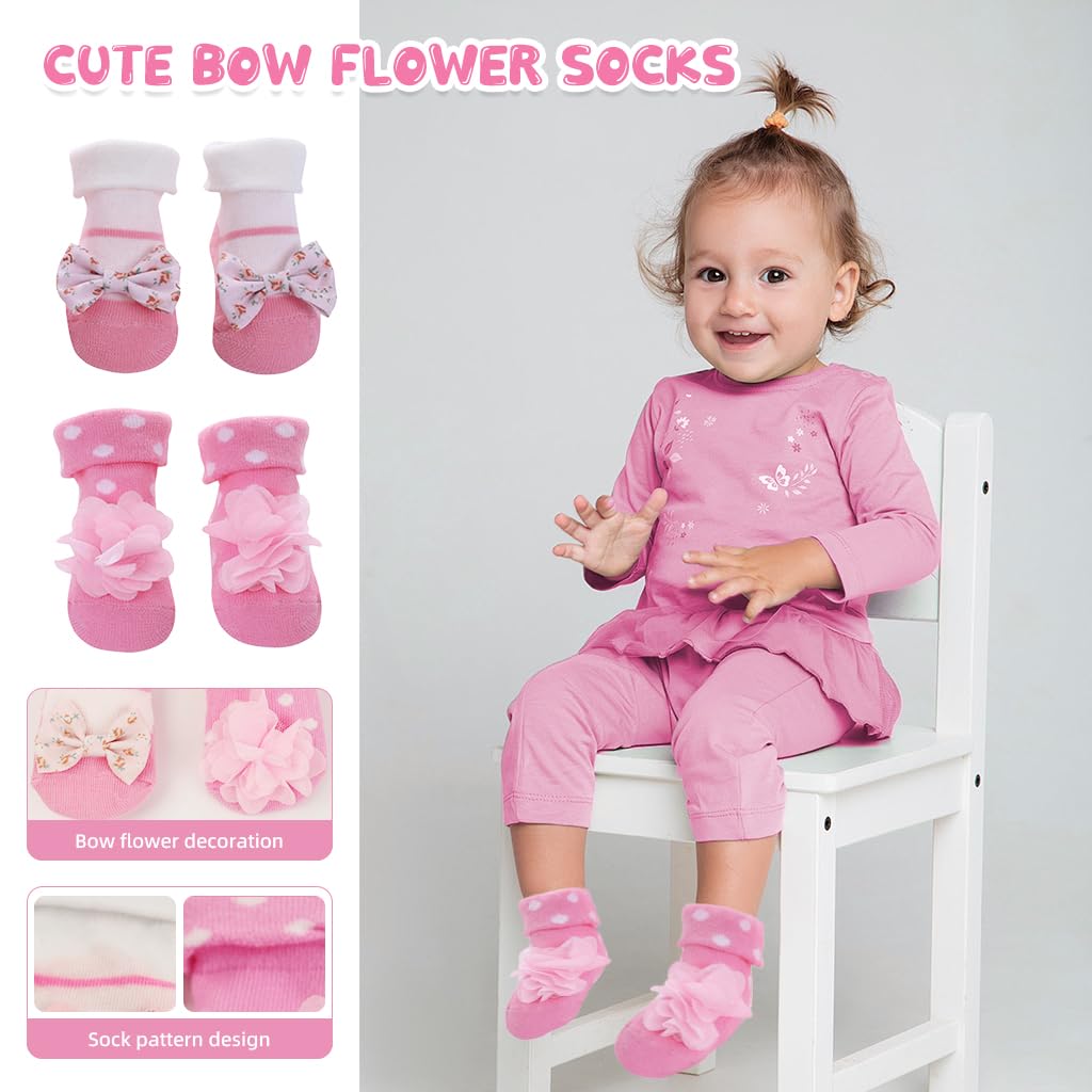 SNOWIE SOFT Baby Socks Set 0 to 12 Months, 2pairs Cute Baby Girl Socks with Bow Headband Breathable Cotton Socks for Girls Striped Dot Socks for Kids Baby Girl 0-12 Months Gift for New Born Baby Girl