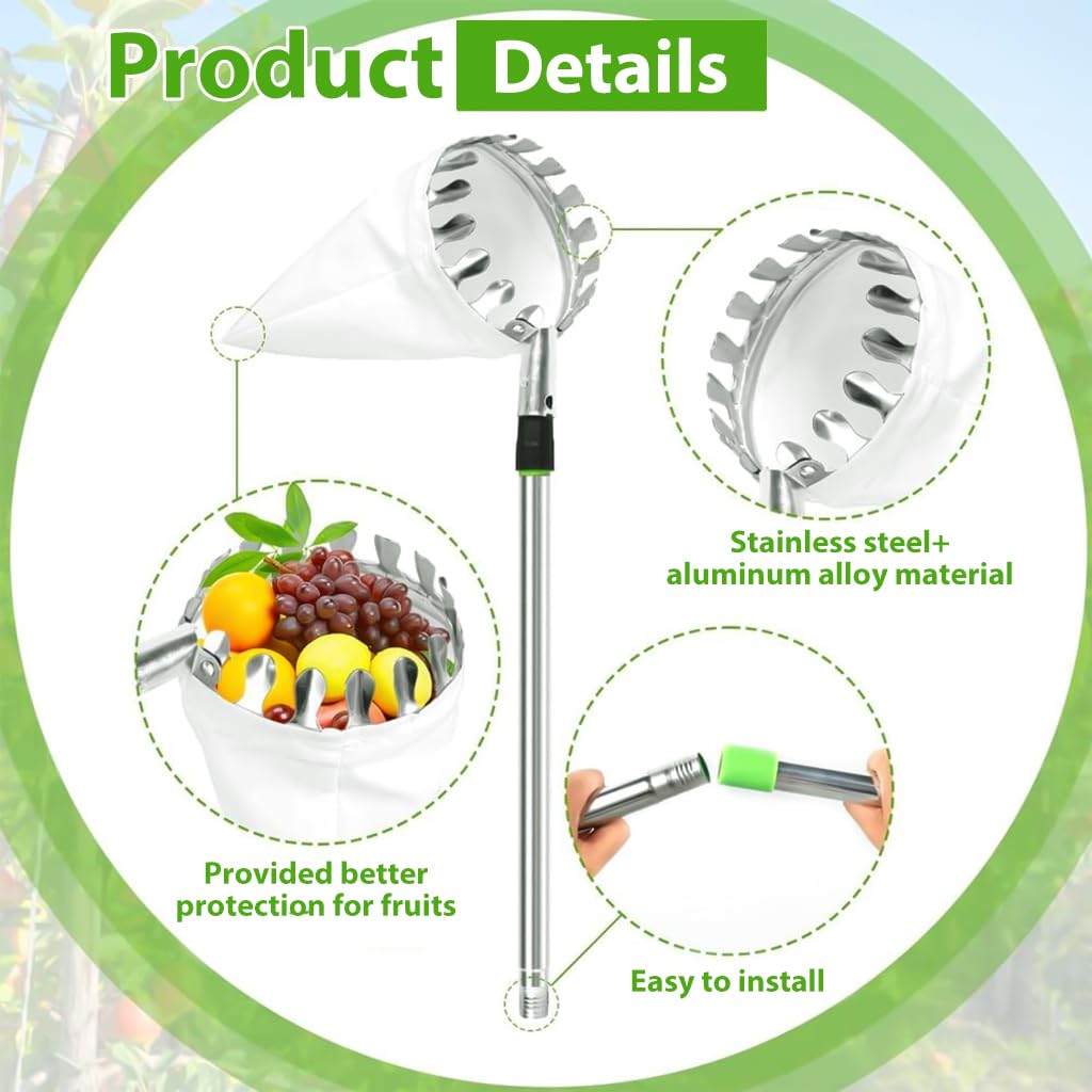 HASTHIP Extendable Mango Plucker Tool - 10.5ft Fruit Plucker with Adjustable Pole - Alloy Material Telescopic Pole - Equipped With Net & Pole - Tree Fruit Plucker Stick - Easy To Use Fruits Catcher