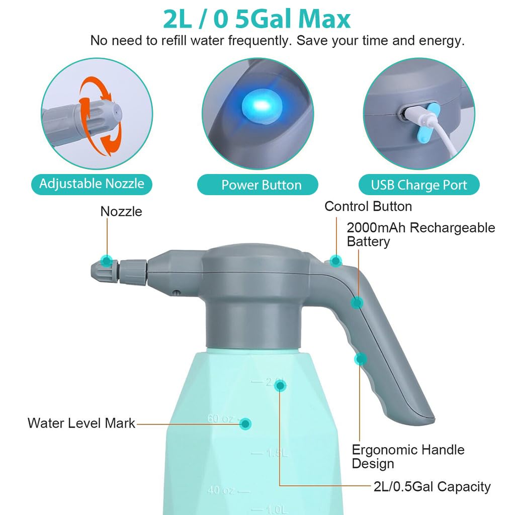 HASTHIP 2L Electric Watering Can for Plants with Gimbaled Nozzle, Automatic Plant Garden Water Can with USB Cable, Gardening Watering Pump Sprayer for Plants, Flowers