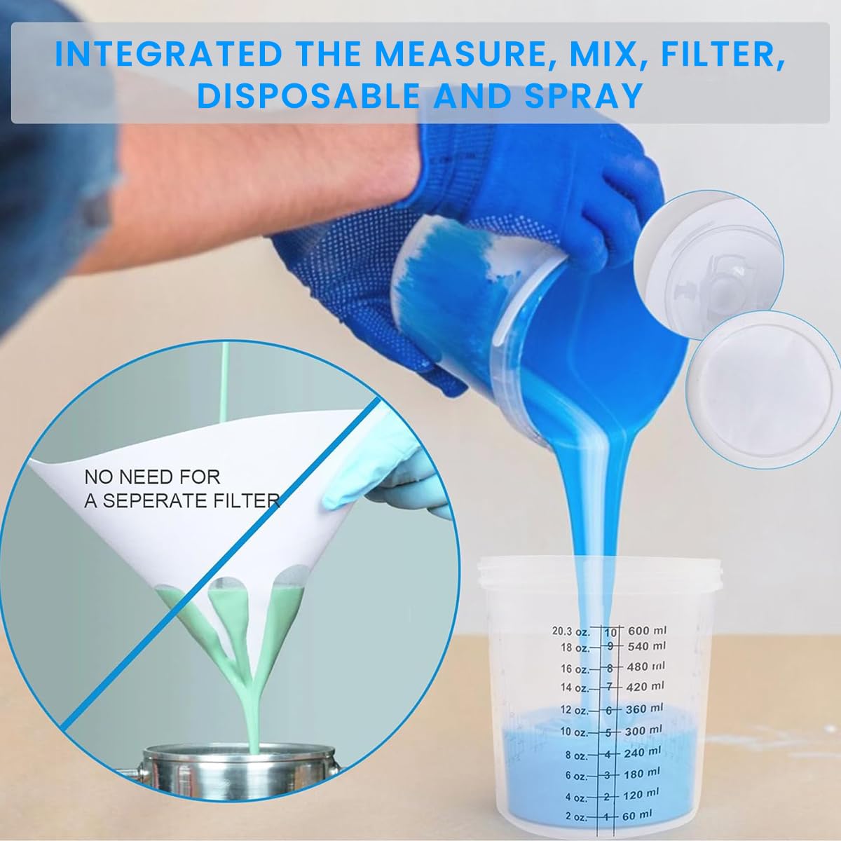 Serplex 600ml Disposable Paint Cup for Automotive Paint Spray Gun, HVLP Paint Spray Paint Gun, 10Pcs Standard Size Paint Cup with 10 Cup Liners, 10 Lids with Strainer, 1 Hard Cup