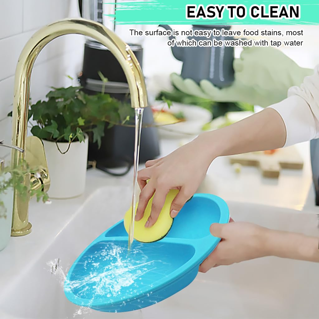 SNOWIE SOFT Suction Plates for Baby Feeding BPA Free Foodgrade Silicone 3-Grid Food Plates for Kids, Young Kids Tableware, Silicone Dinnerware with 4 Suction Cups, Dish Washer Safe (Blue)