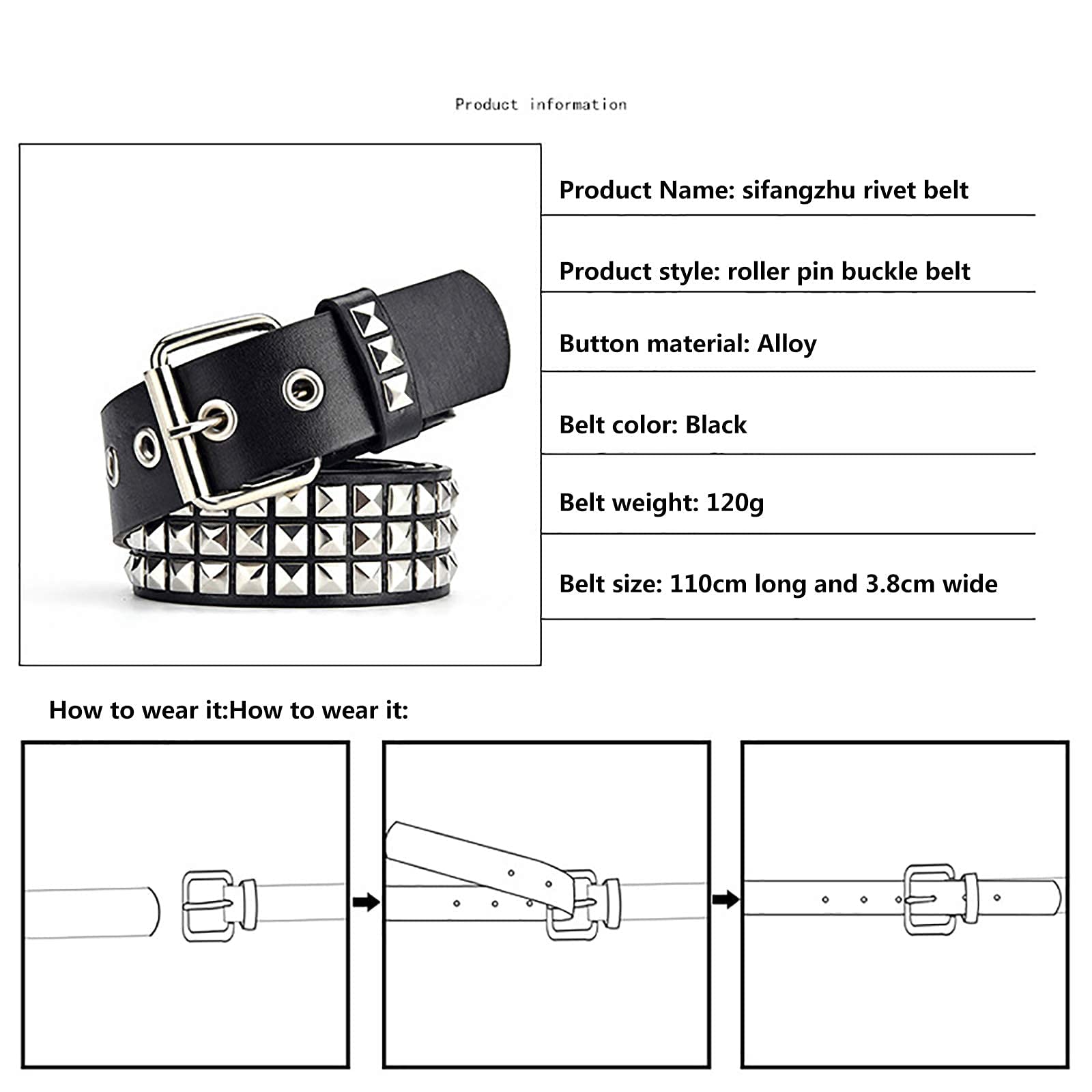 GUSTAVE Black PU Leather Punk Rock Gothic Studded Wide Belts for Men & Women with Jeans, Jacket, Chains & Clothing Accessories, length- 110cm