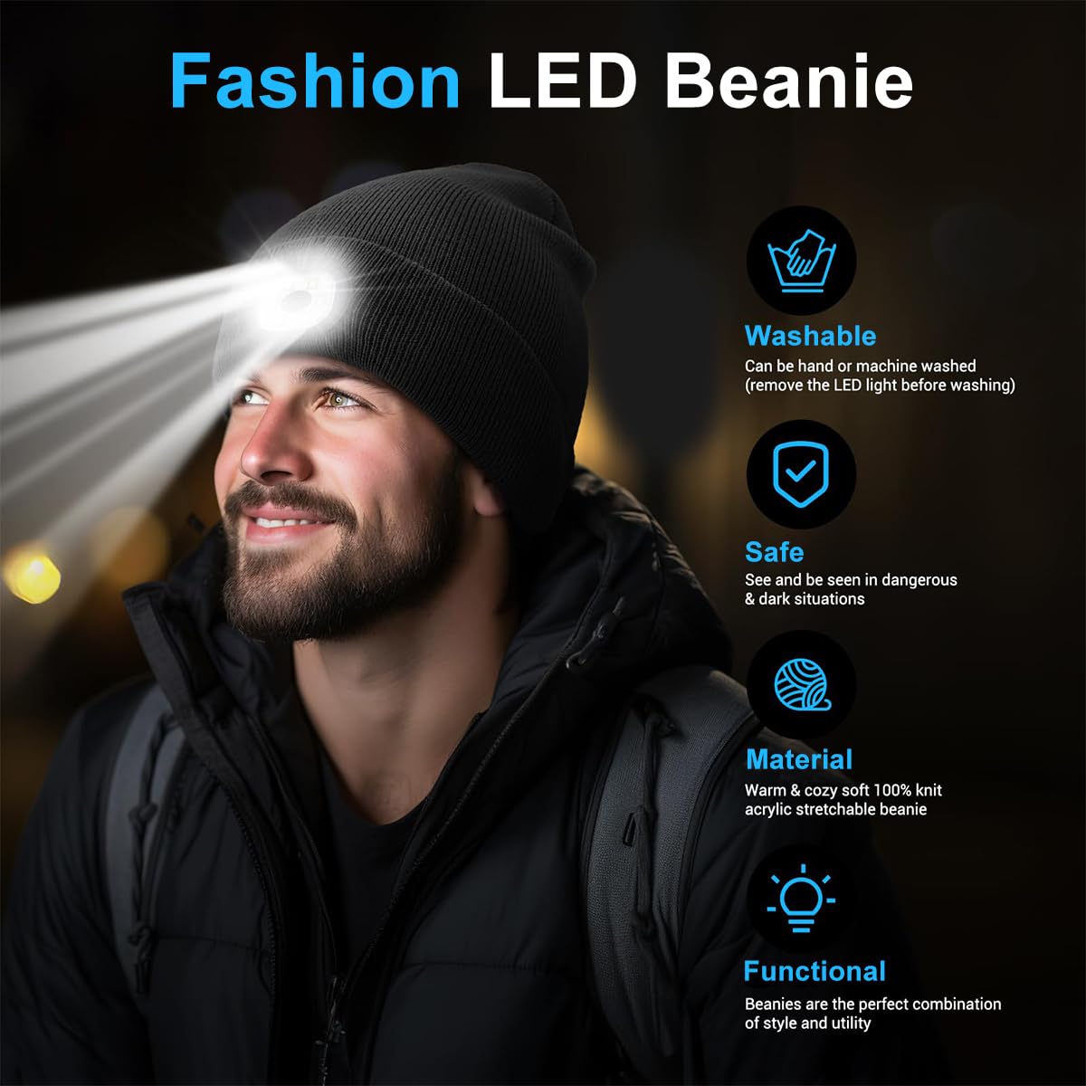 GUSTAVE Winter Cap for Men Women Illuminated Beanie Cap with Forehead Lamp USB Rechargeable Winter Soft Fleece Knitted Cap for Riding, Night Running, Black
